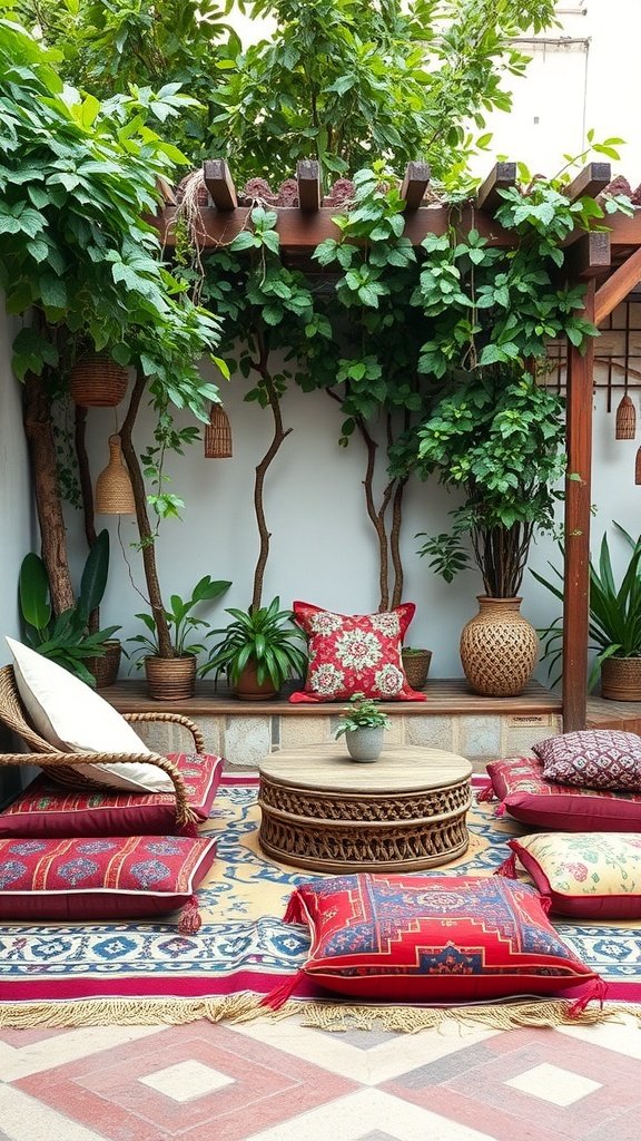 Bohemian style garden seating with colorful floor cushions and greenery.