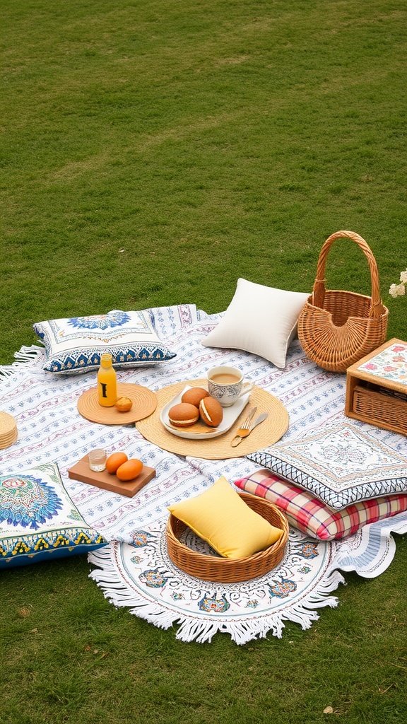 A colorful boho picnic setup with pillows, blankets, snacks, and drinks on grass.