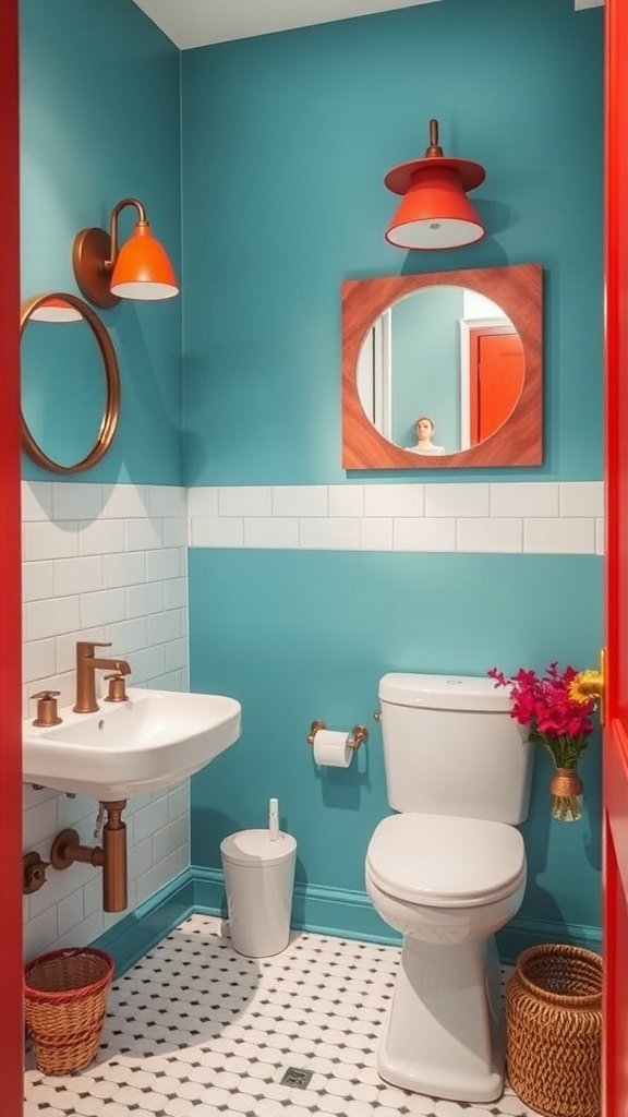 A colorful half bathroom featuring teal walls, red accents, and stylish decor.