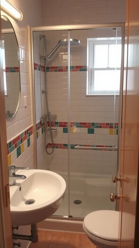 Small bathroom with colorful accent tiles and a modern design.