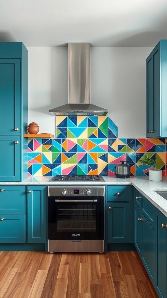 A colorful geometric backsplash design in a kitchen with teal cabinets.