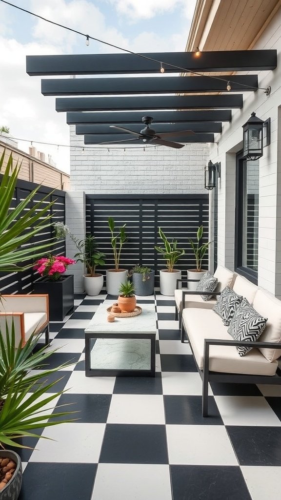 A stylish patio featuring bold black and white checkerboard tiles, comfortable seating, and plants in modern pots.