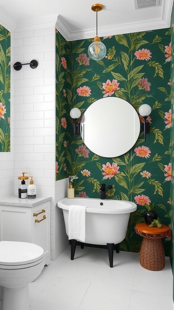A stylish bathroom featuring dark green botanical wallpaper, a white bathtub, and modern fixtures.