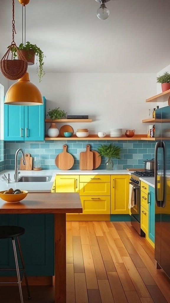 A modern kitchen featuring bright yellow and blue cabinets with wooden accents and plants.
