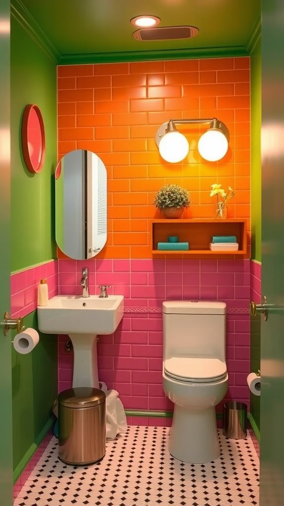 A colorful half bathroom featuring bright green, orange, and pink tiles.