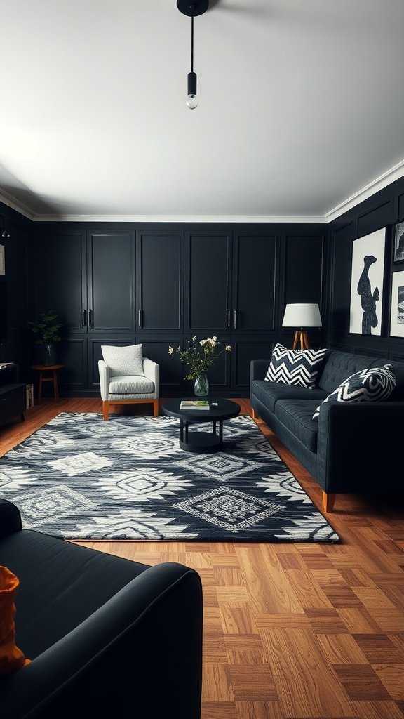A stylish black living room featuring geometric patterns in the decor.