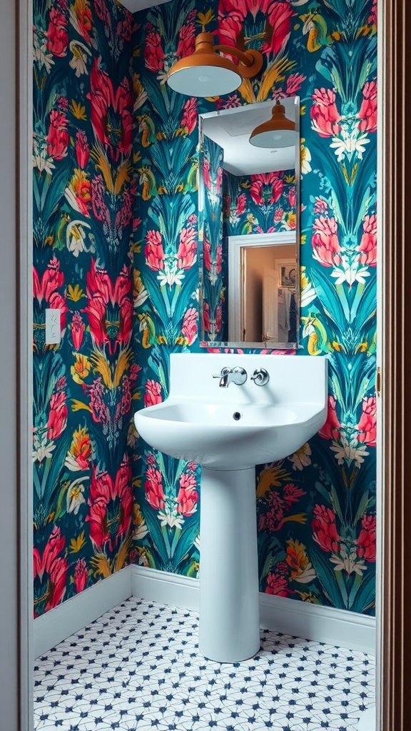 A bright and colorful wallpaper design in a half bathroom featuring floral patterns.