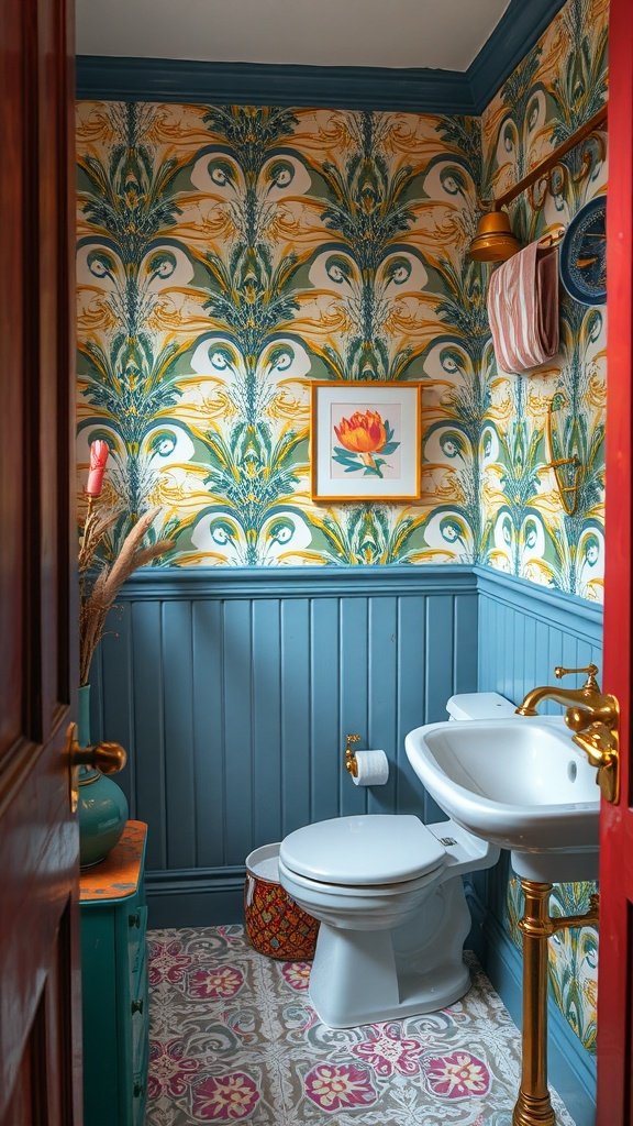 A small half bathroom with bold patterned wallpaper and colorful decor.