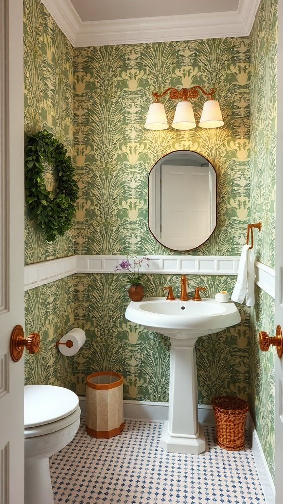 Chic half bath with bold wallpaper and stylish fixtures