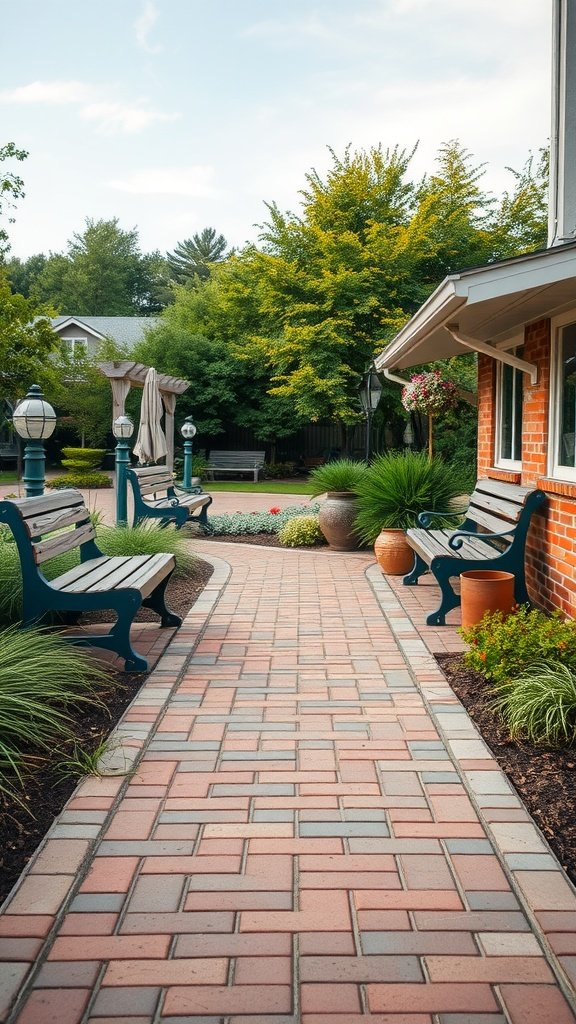 A beautiful brick pathway lined with benches and greenery