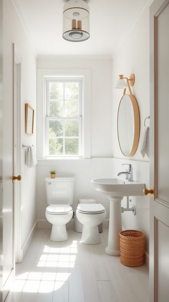 Bright and airy half bathroom featuring a window, modern fixtures, and farmhouse decor.