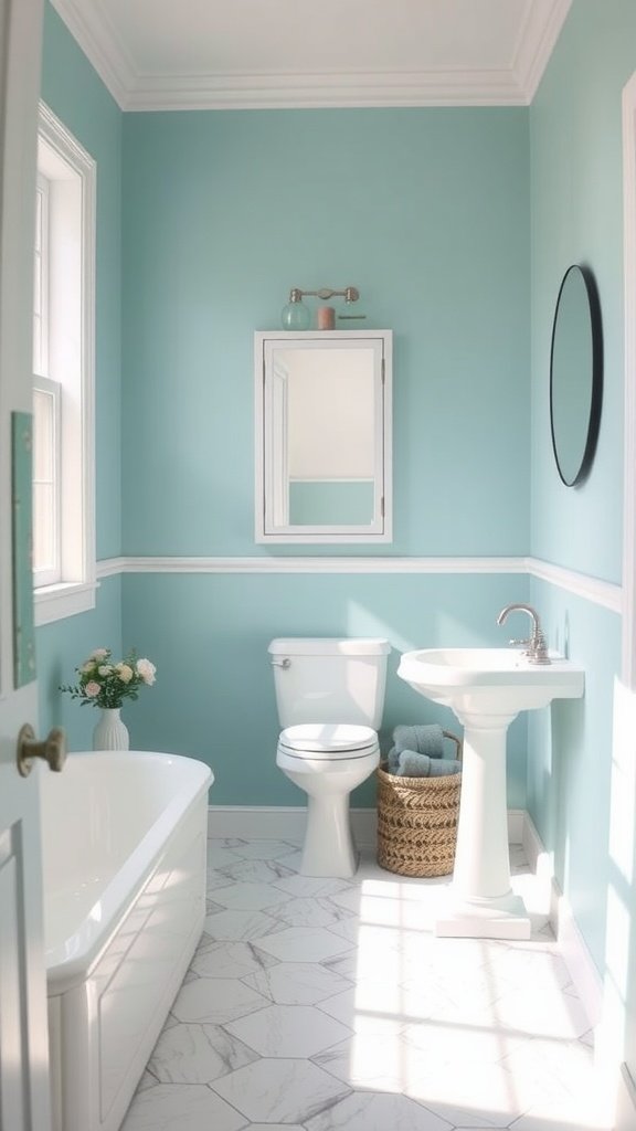 A bright half bathroom with soft blue walls and white fixtures.