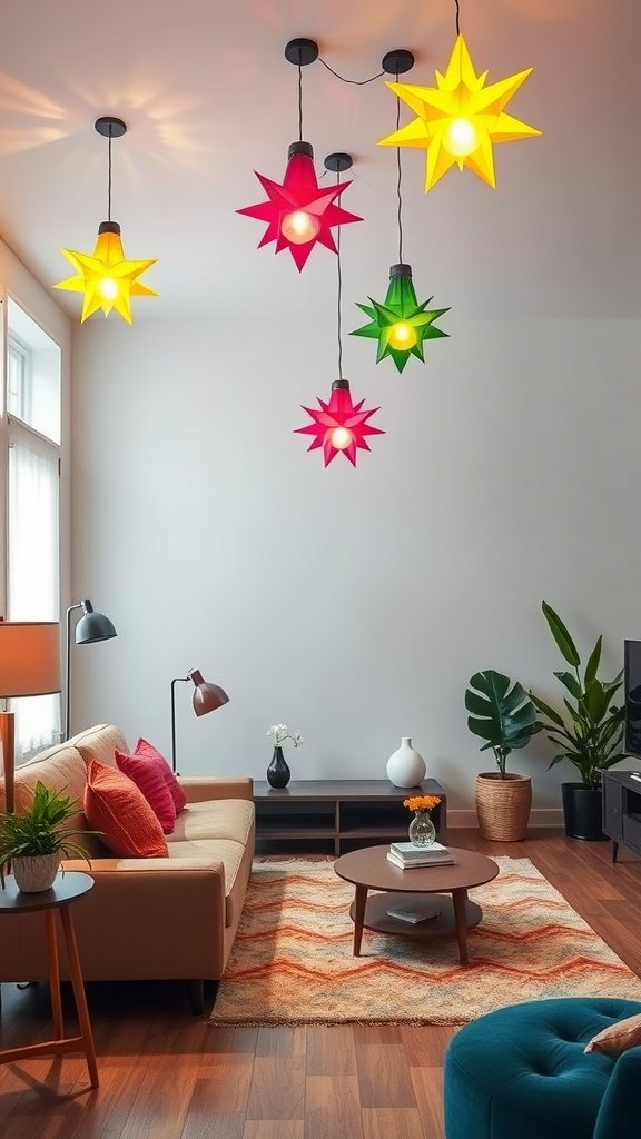 Colorful star-shaped pendant lights hanging in a bright living room.