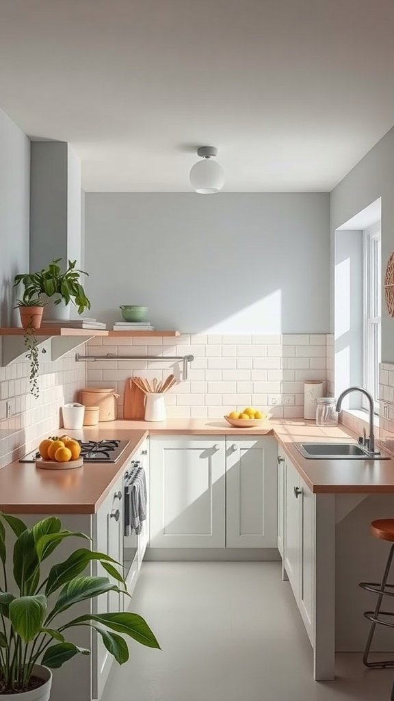 A modern small kitchen with light colors and a cozy atmosphere.