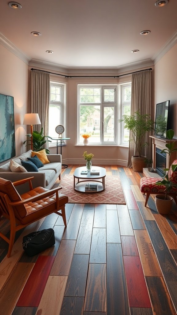 A colorful living room featuring vibrant wooden flooring and cozy furniture.