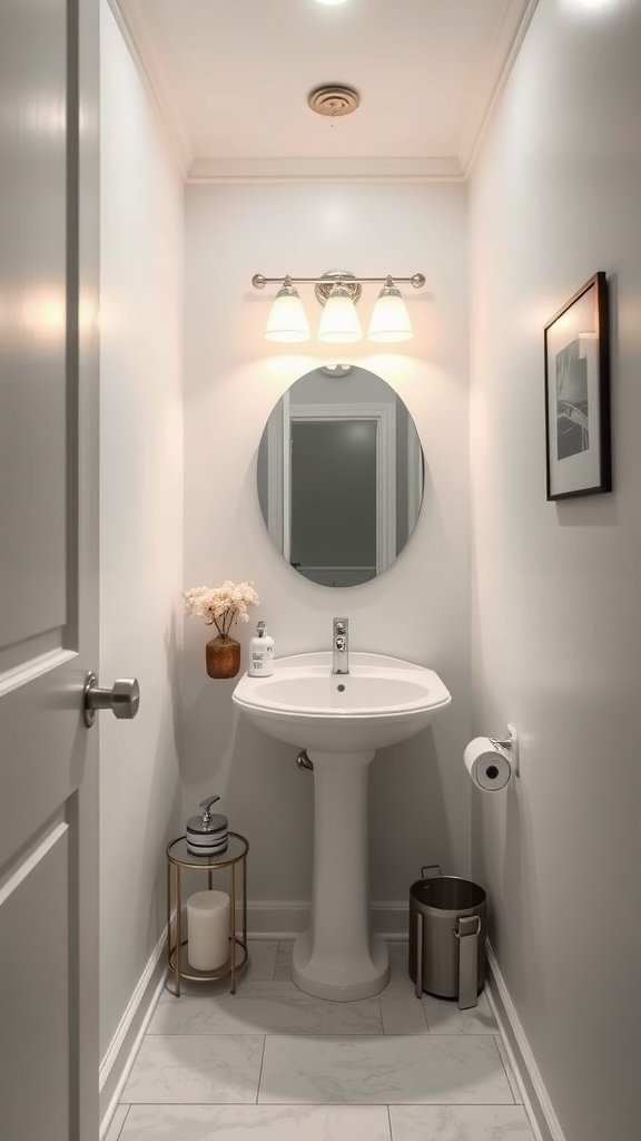 A well-lit half bathroom featuring a round mirror, bright lighting fixtures, and minimalist decor.