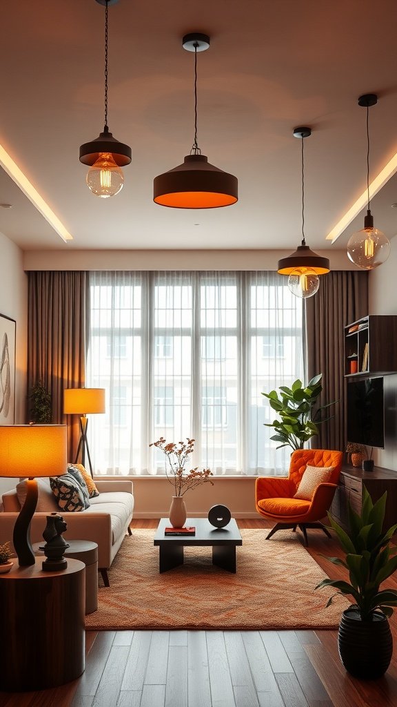 A modern living room with bright lighting fixtures, featuring neutral furniture and colorful accents.