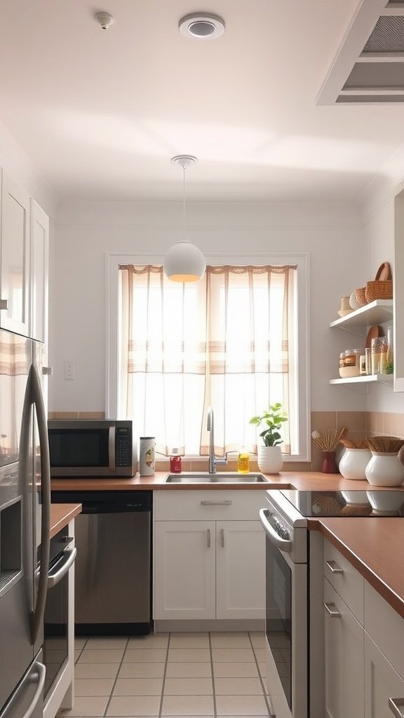 Small kitchen with natural light and sheer window treatments.