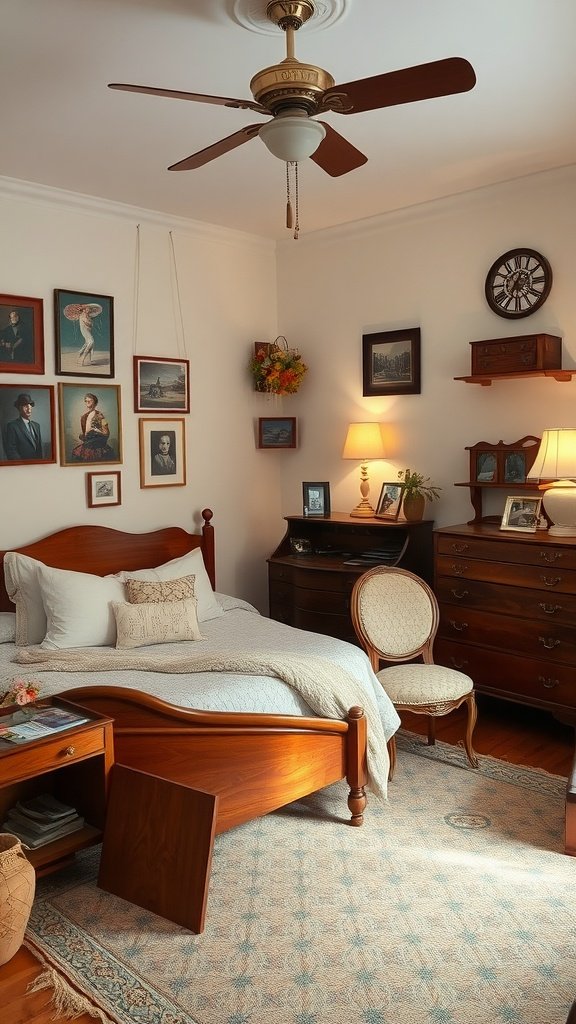 Cozy vintage bedroom with wooden furniture and classic artworks.