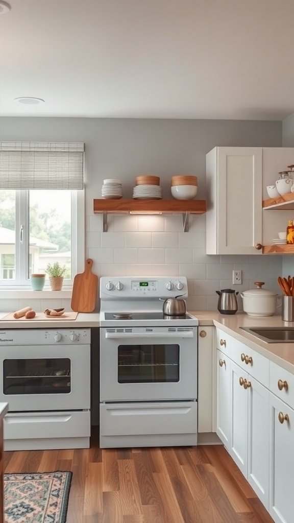 Cozy kitchen with white appliances and a wooden shelf, showcasing a budget-friendly layout.