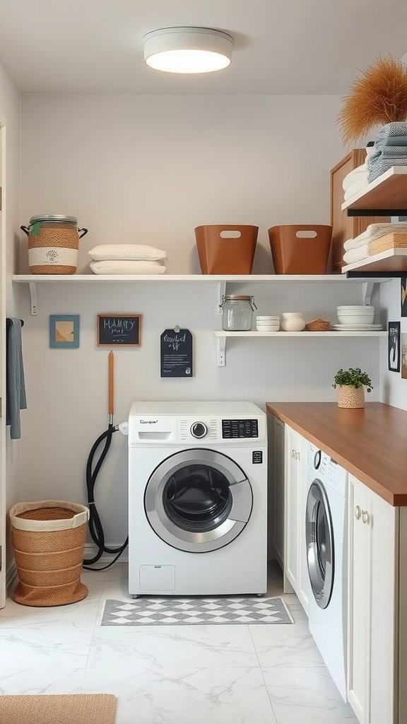 A cozy laundry room featuring a stacked washer and dryer, wooden countertop, and organized shelves.