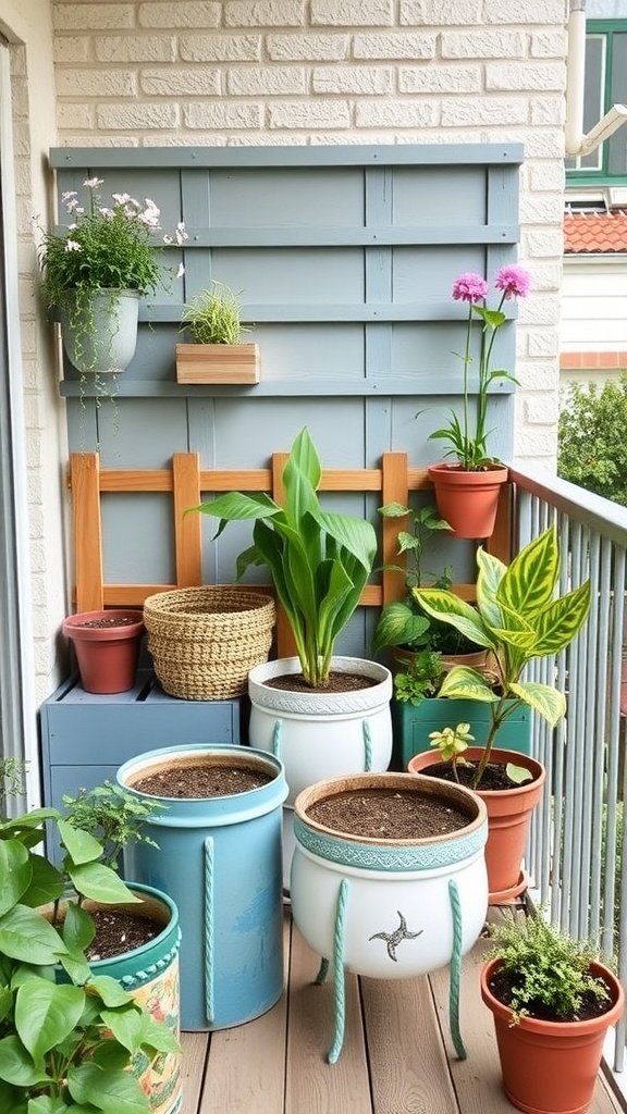 A well-decorated balcony garden with various plants in colorful pots.