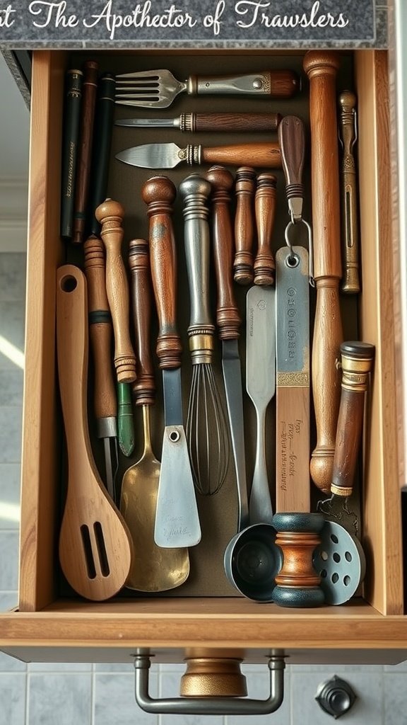 A wooden drawer filled with various culinary tools, including spatulas, whisks, and measuring spoons, showcasing a blend of rustic and modern styles.