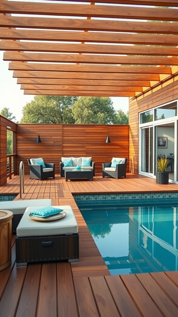 A stylish poolside deck with seating and a swimming pool.