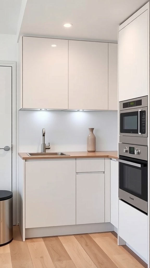 A small kitchen featuring built-in appliances, a sink, and a modern kitchen cabinet design.