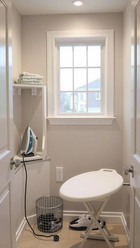 Built-in ironing station in a bright laundry room with shelves and an ironing board.