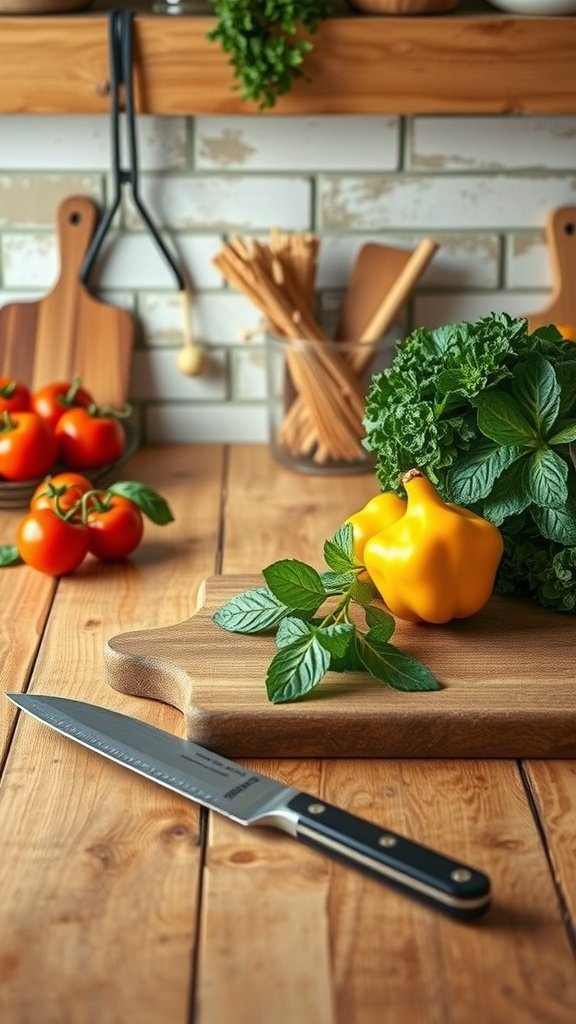 A kitchen countertop featuring a butcher block with fresh vegetables and a knife.