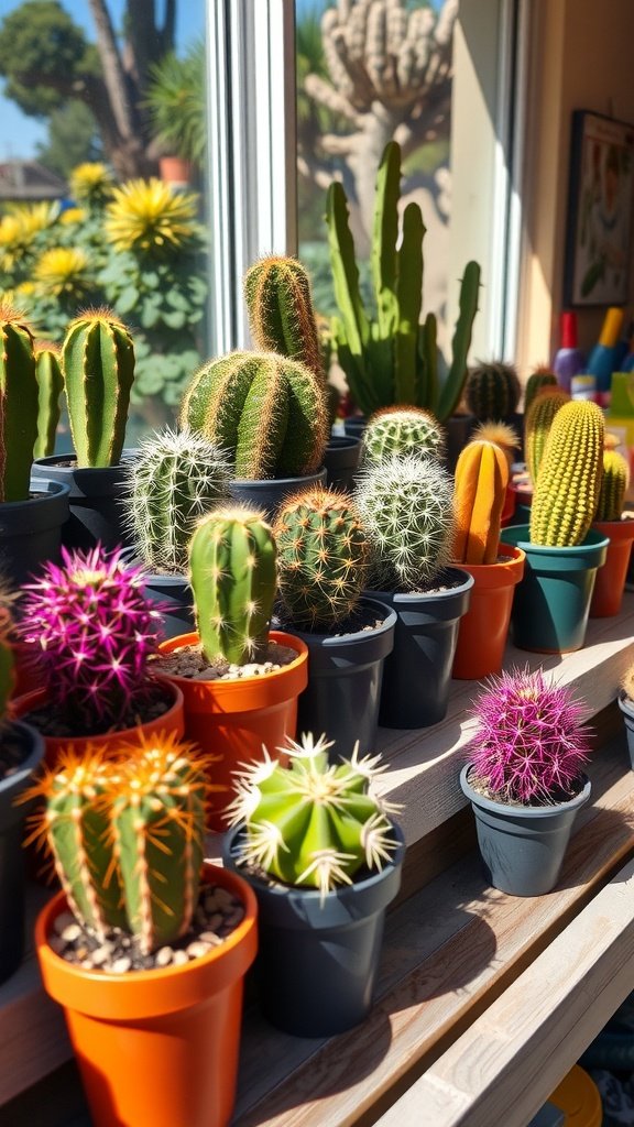 A variety of colorful cacti in pots, showcasing their unique shapes and textures.