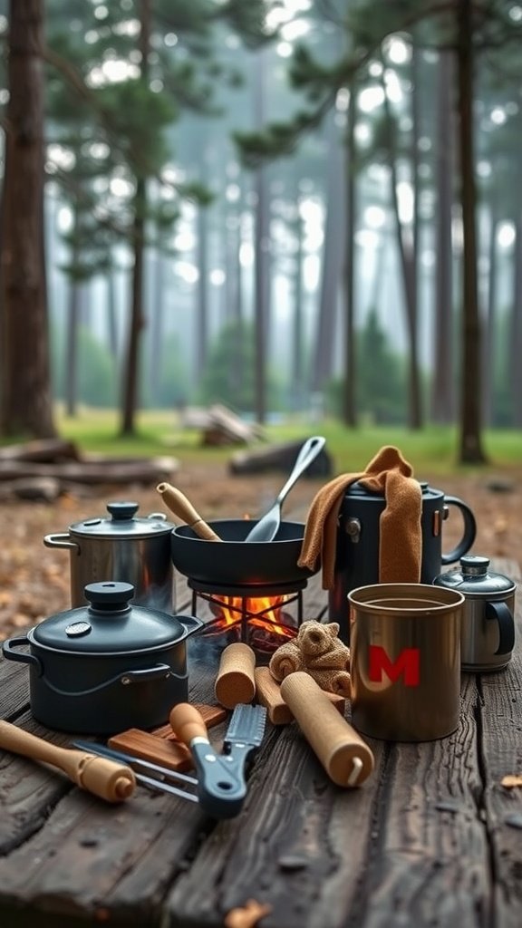 A campfire cooking setup with pots and utensils on a wooden table in a forest.