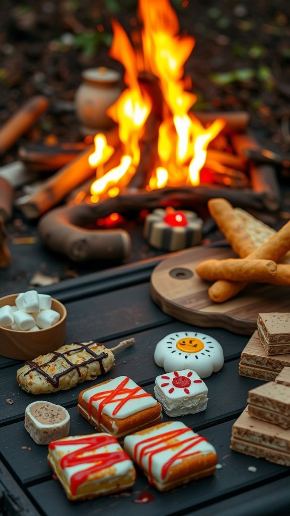 A variety of campfire treats including decorated cookies, marshmallows, and baked goods around a campfire.
