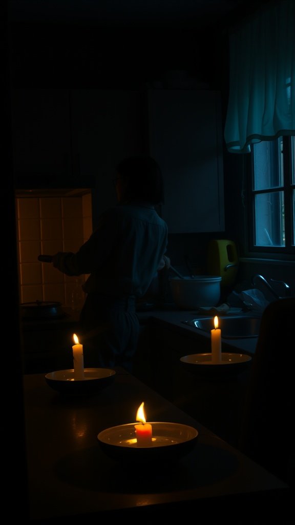 A dimly lit kitchen with candles on the table, creating a warm atmosphere.
