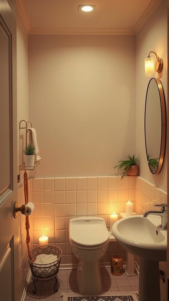 A cozy half bathroom with candles and soft lighting.