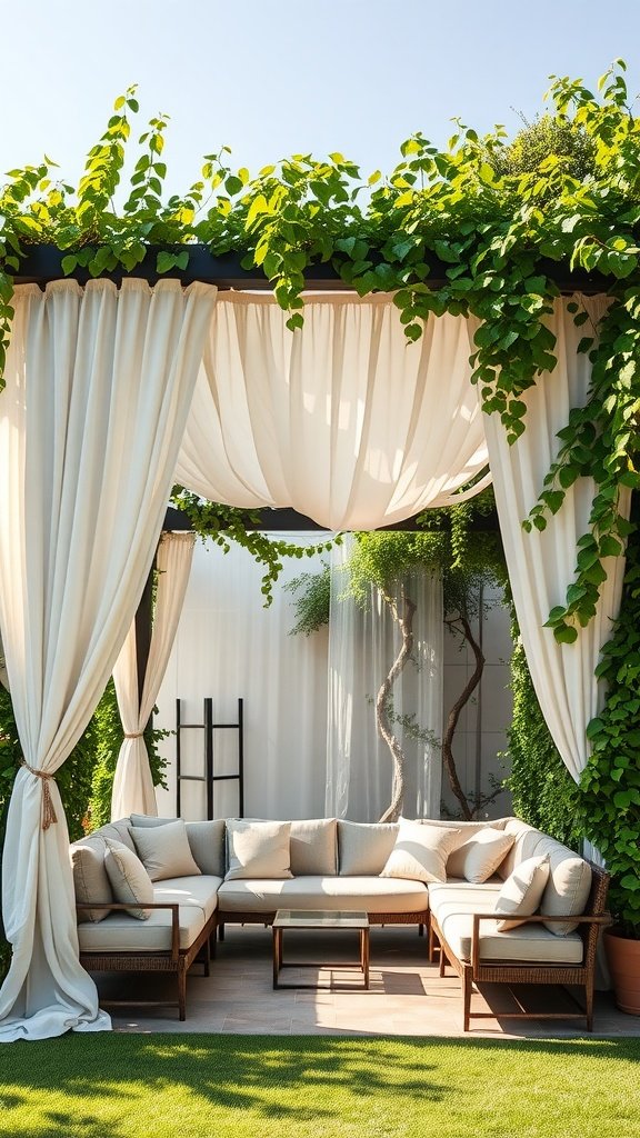 Cozy seating area under a canopy-style pergola with plants and curtains.