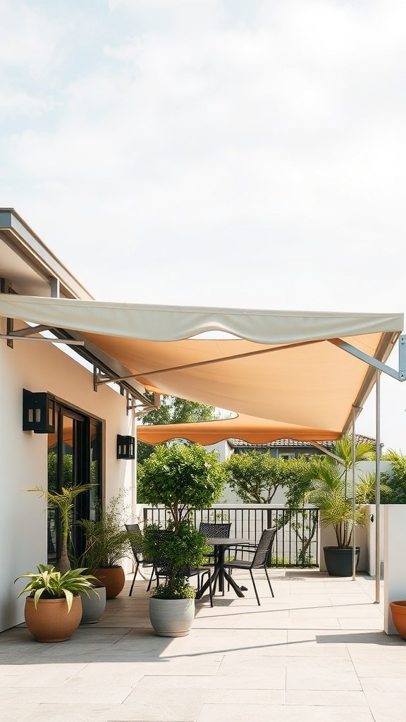 A modern patio featuring canvas awnings with unique shapes, surrounded by plants and furniture.