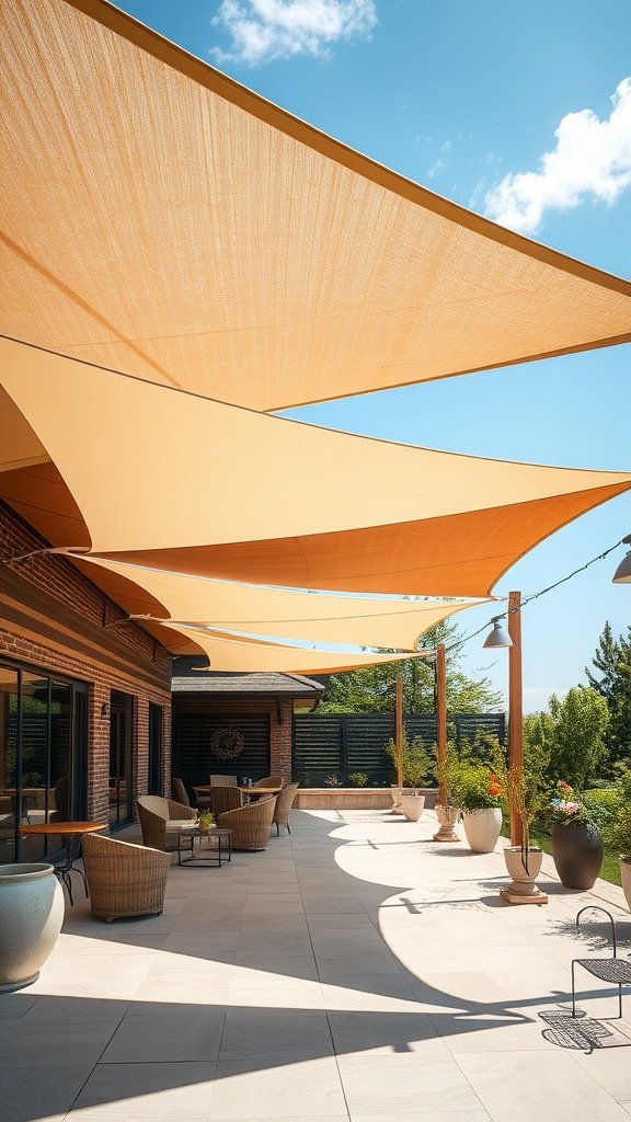 A stylish patio with large canvas shade sails providing shade and a modern look.