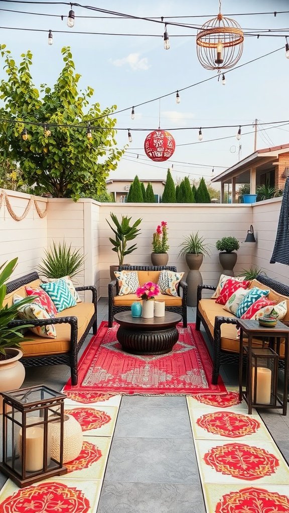A cozy patio with vibrant carpet tiles, comfortable seating, and decorative plants.