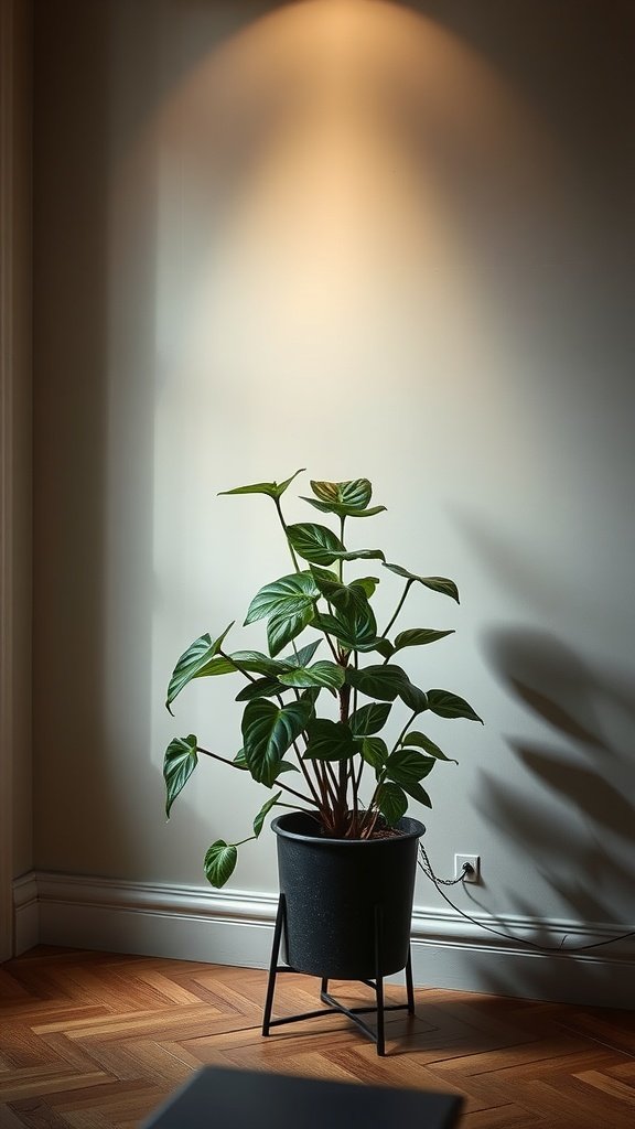 A Cast Iron Plant in a black pot illuminated by soft lighting.