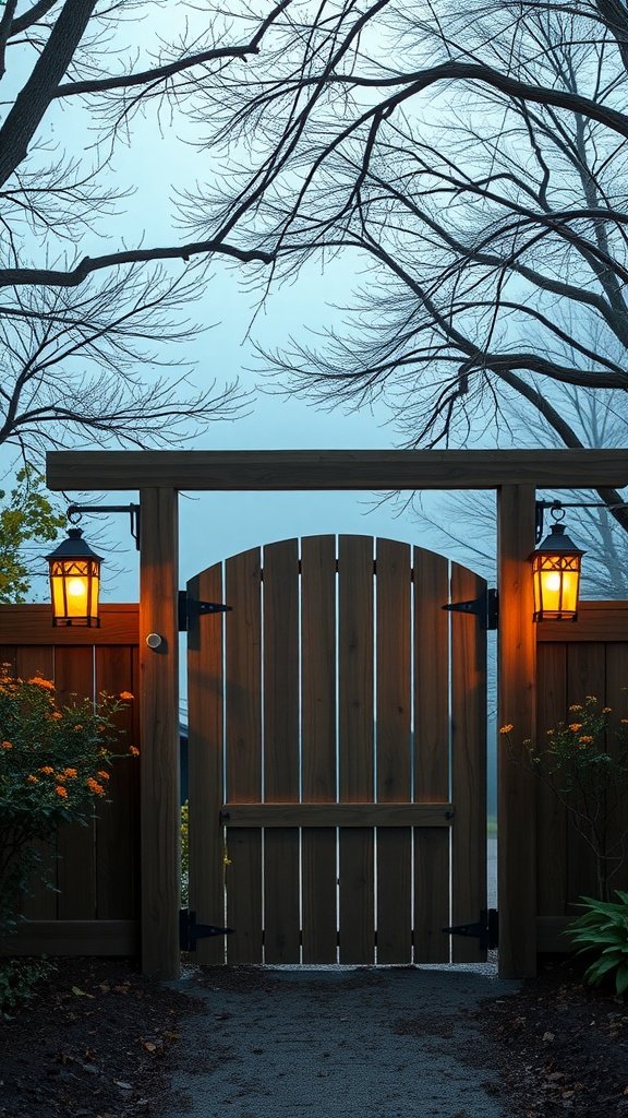 A cedar wood gate with lanterns on either side, leading to a beautifully landscaped path.