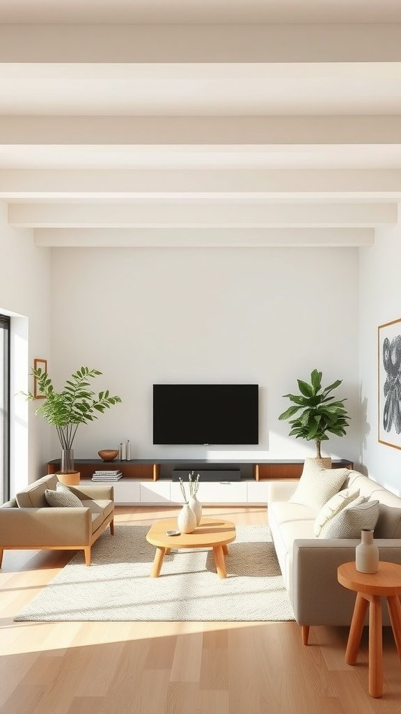 Minimalist living room featuring ceiling beams and modern furniture.