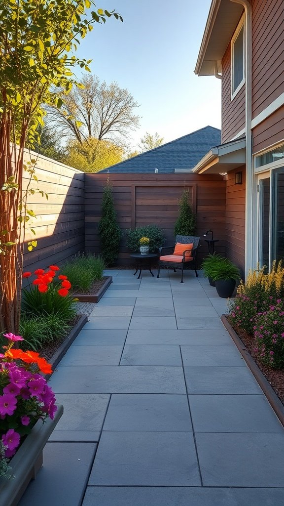A modern patio with cement planks and colorful flowers.