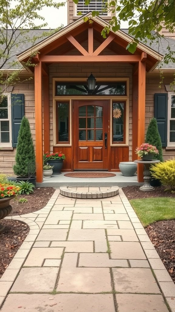 Charming front yard entryway with stone pathway, wooden door, and surrounding greenery.