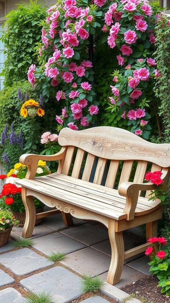A charming wooden garden bench surrounded by vibrant pink and yellow flowers.