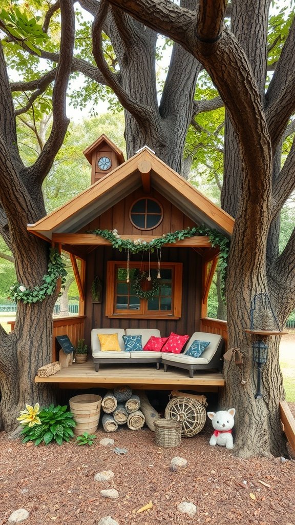 A charming treehouse with a cozy sitting area surrounded by trees, featuring colorful cushions and decorative plants.