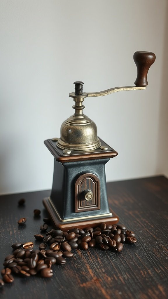 Vintage coffee grinder on a wooden table with coffee beans scattered around.