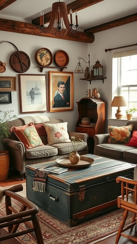 A charming vintage boho living room featuring a cozy couch, unique decor items, and a vintage trunk as a coffee table.