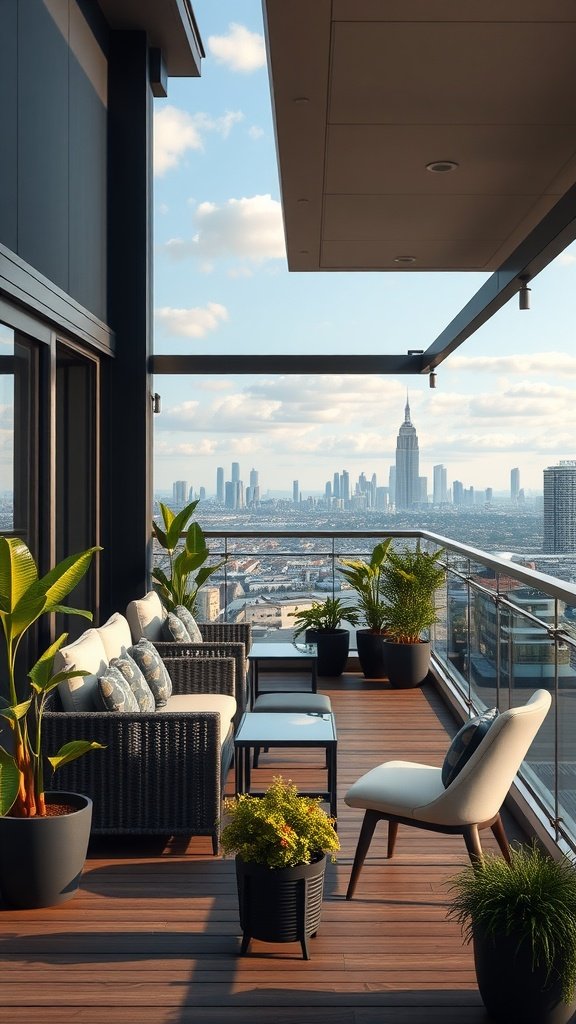 Stylish balcony with seating and plants overlooking a city skyline.
